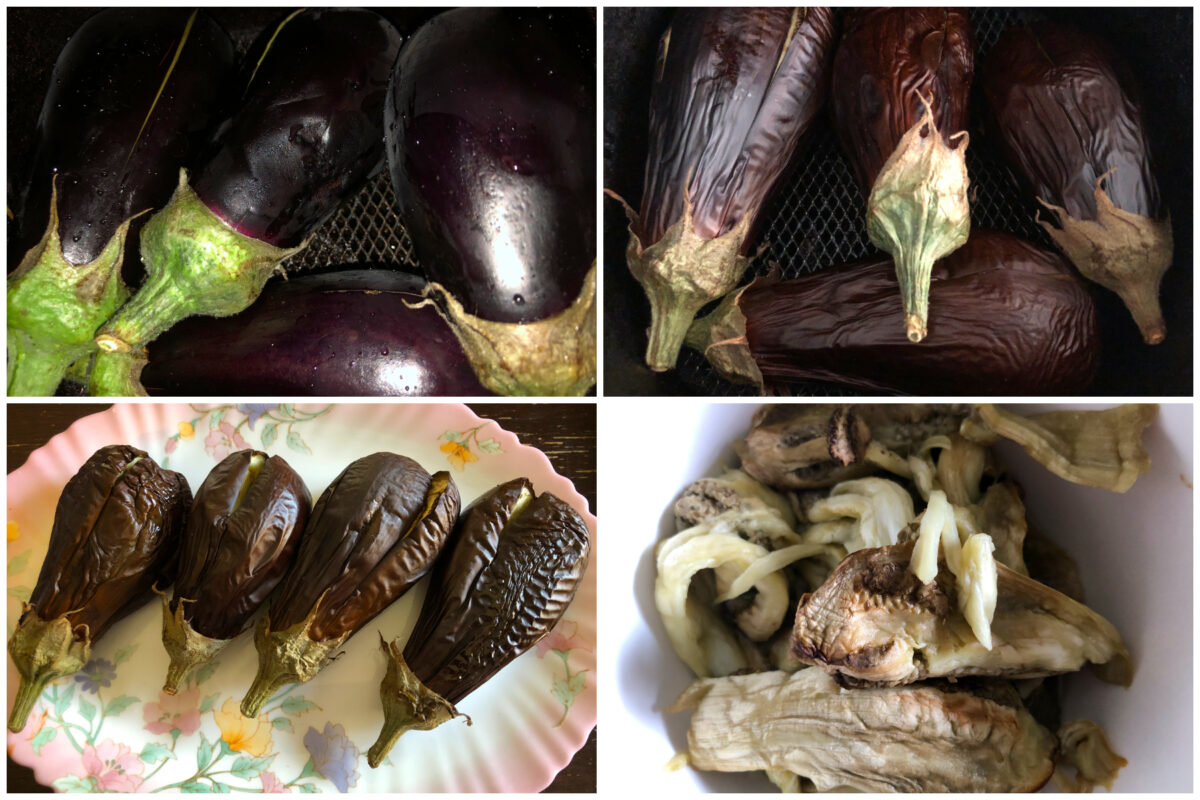 collage of eggplants roasting in air fryer