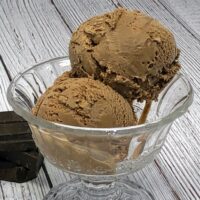 two chocolate ice cream scoops in a glass bowl