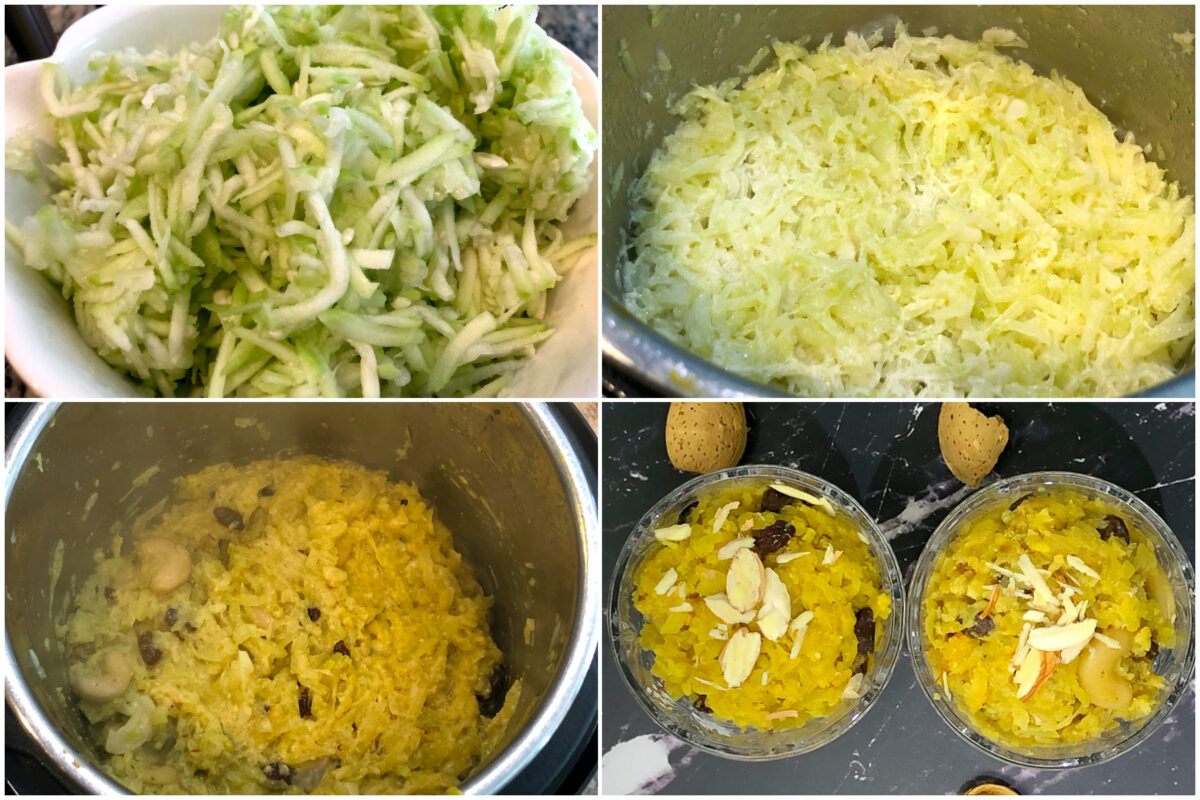 collage of steps to make doodhi halwa in instant pot
