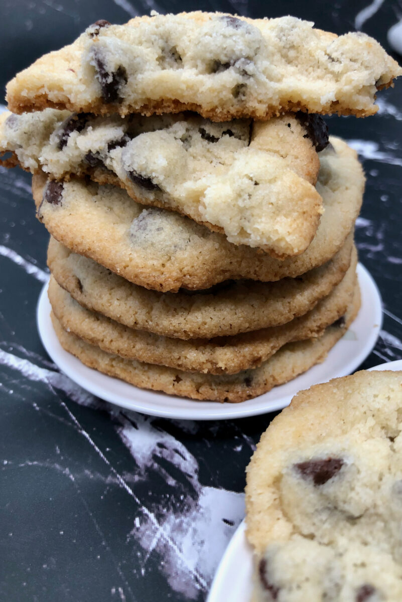 gluten free almond flour chocolate chip cookies stacked in a plate