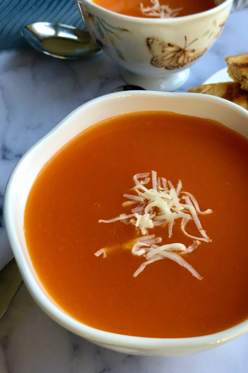 tomato soup in a bowl closeup.