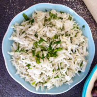 cilantro lime rice in a blue bowl.