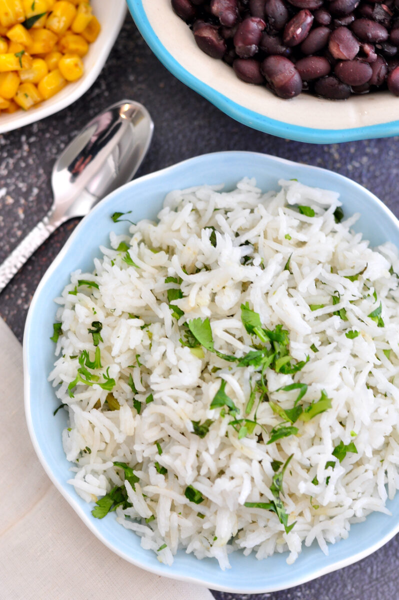 cilantro lime rice in a blue bowl