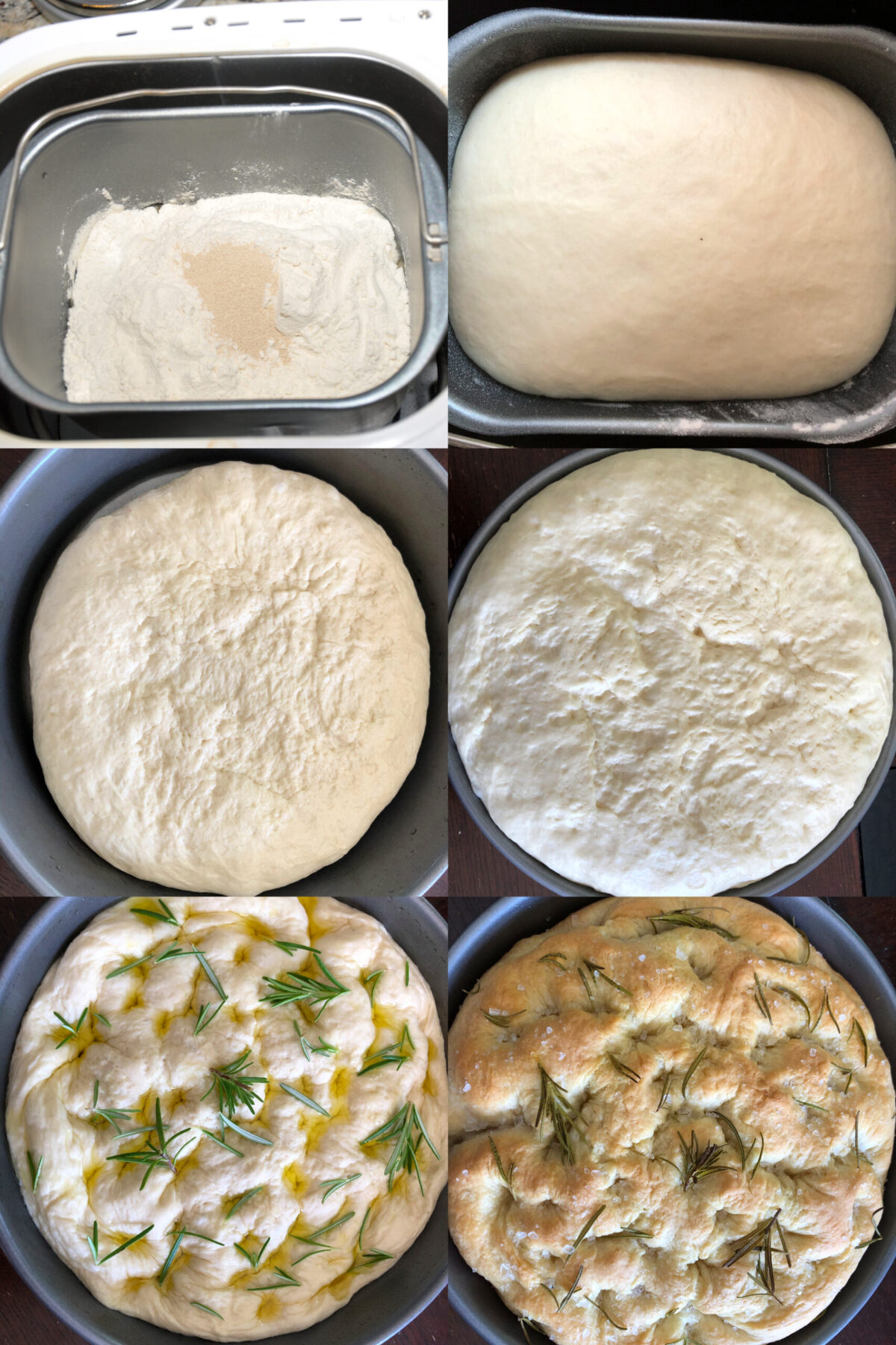 collage of 6 photos for making focaccia bread in bread maker and then baking in the oven.