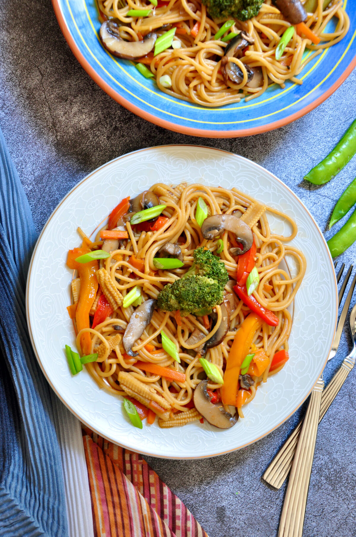 lo mein served in a grey pasta bowl