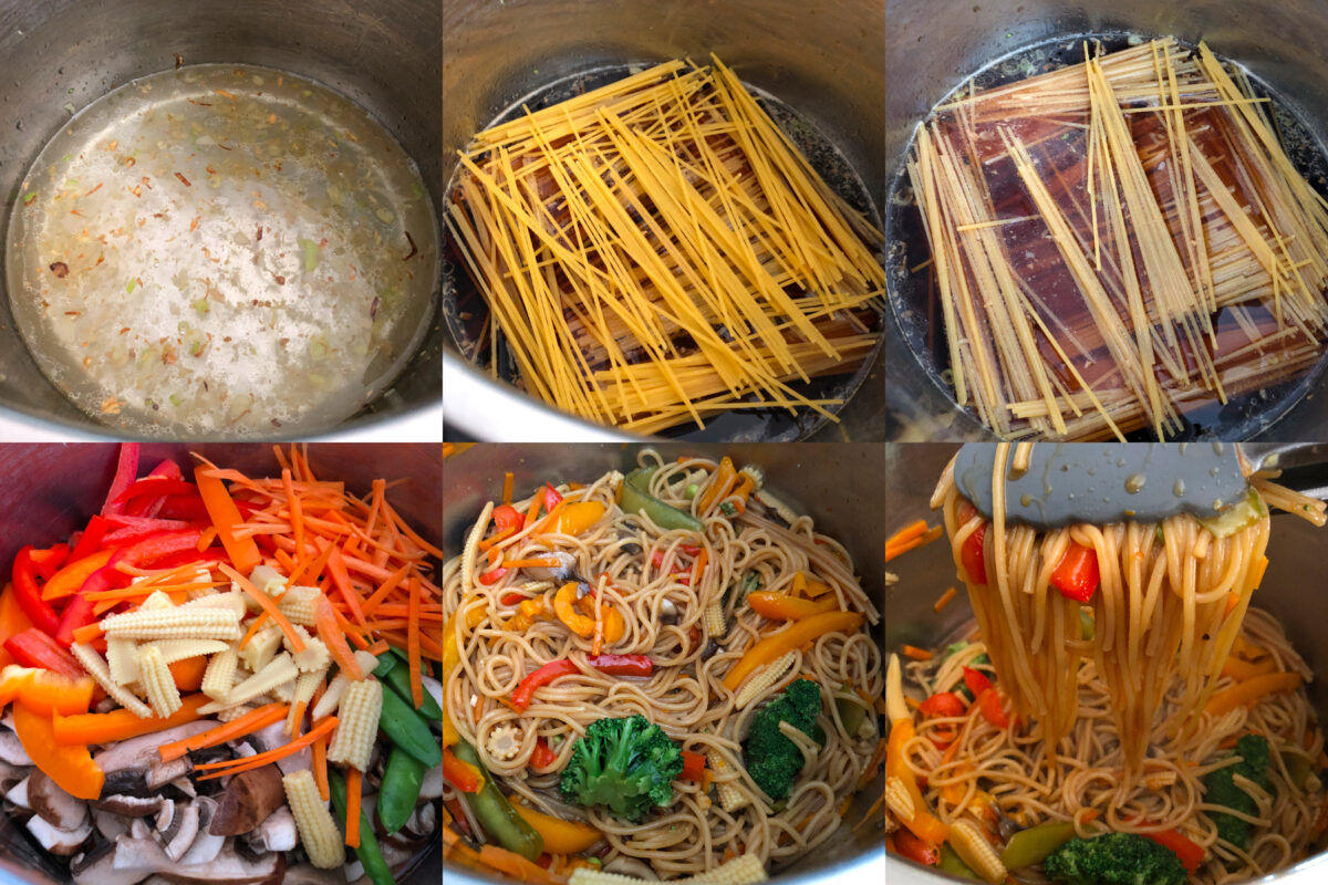 step by step collage to make lo mein in instant pot.