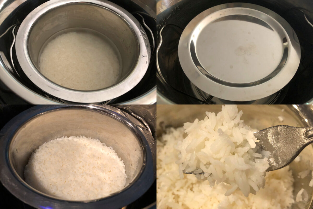 photo collage of jasmine rice in instant pot using pot in pot method.