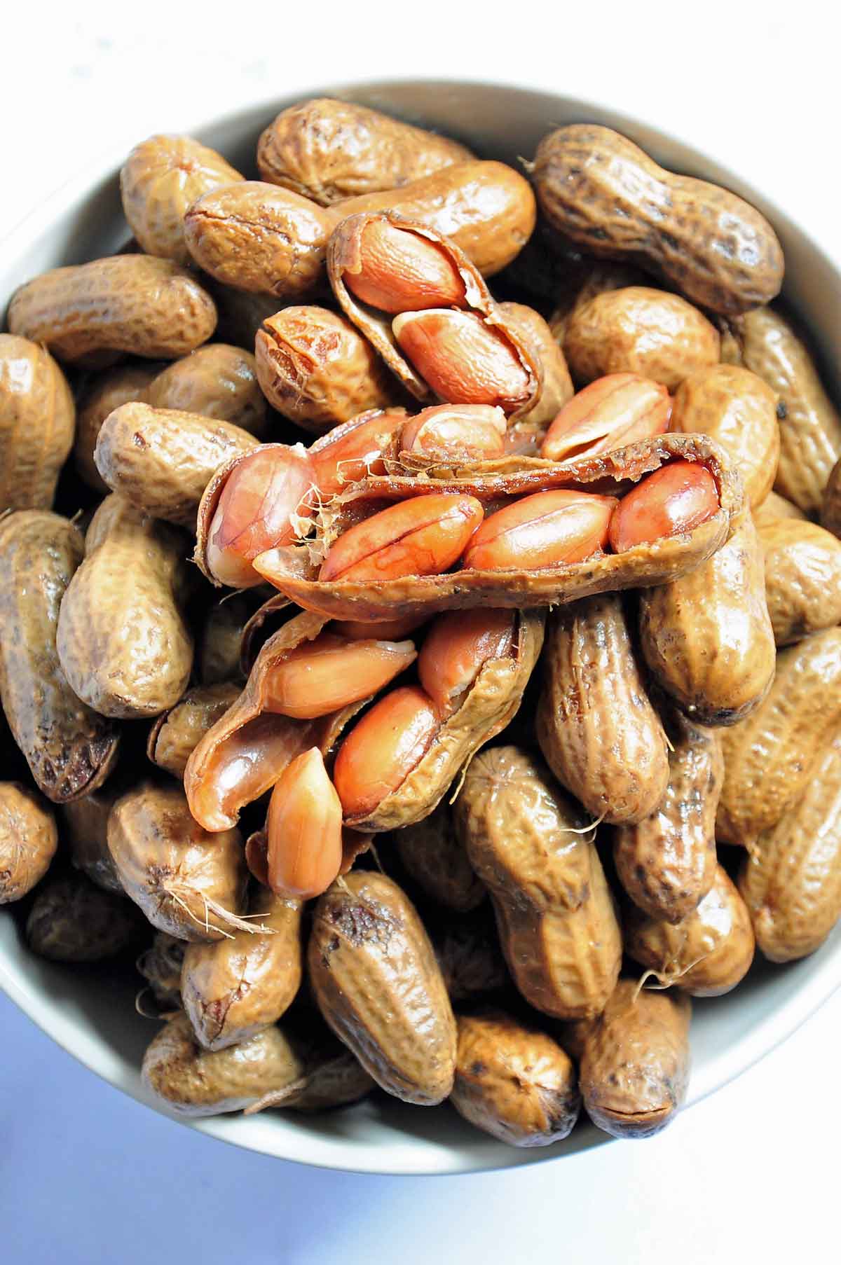 Close-up of boiled peanuts in a bowl.
