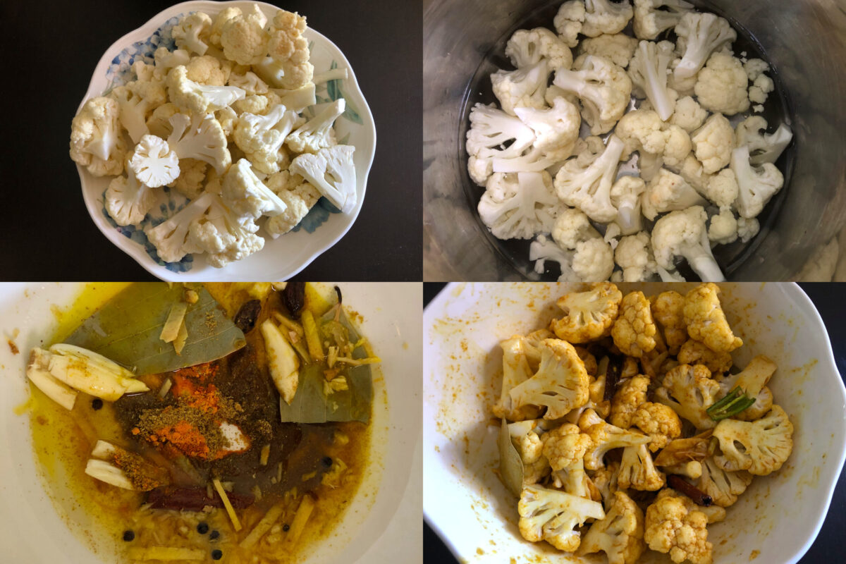 collage of 4 images to blanch and marinate cauliflower florets.