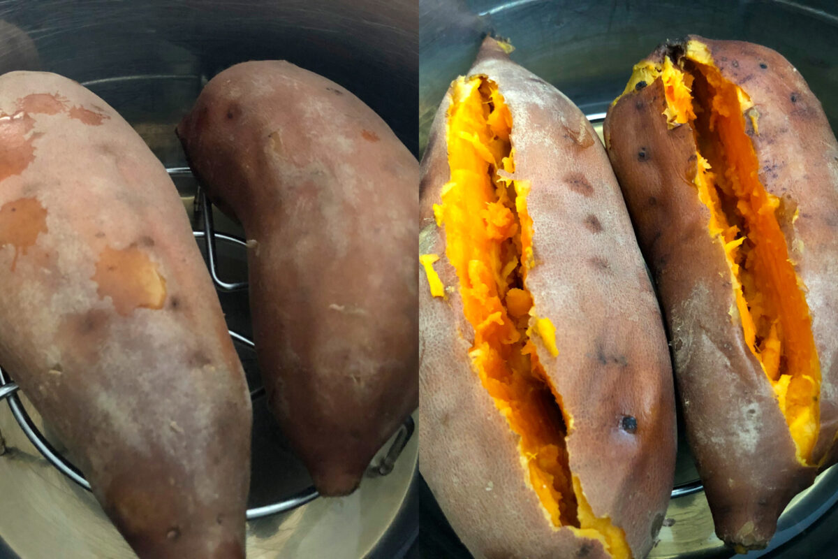 collage of uncooked and cooked sweet potatoes.