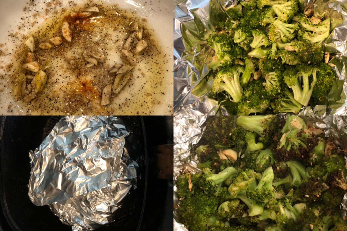 collage of 4 photos to make seasoning, and roasting broccoli florets in air fryer.