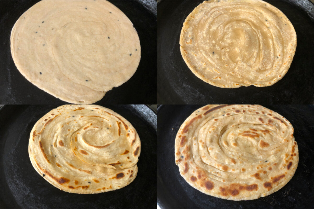 collage of 4 images of cooking flaky paratha on a skillet.