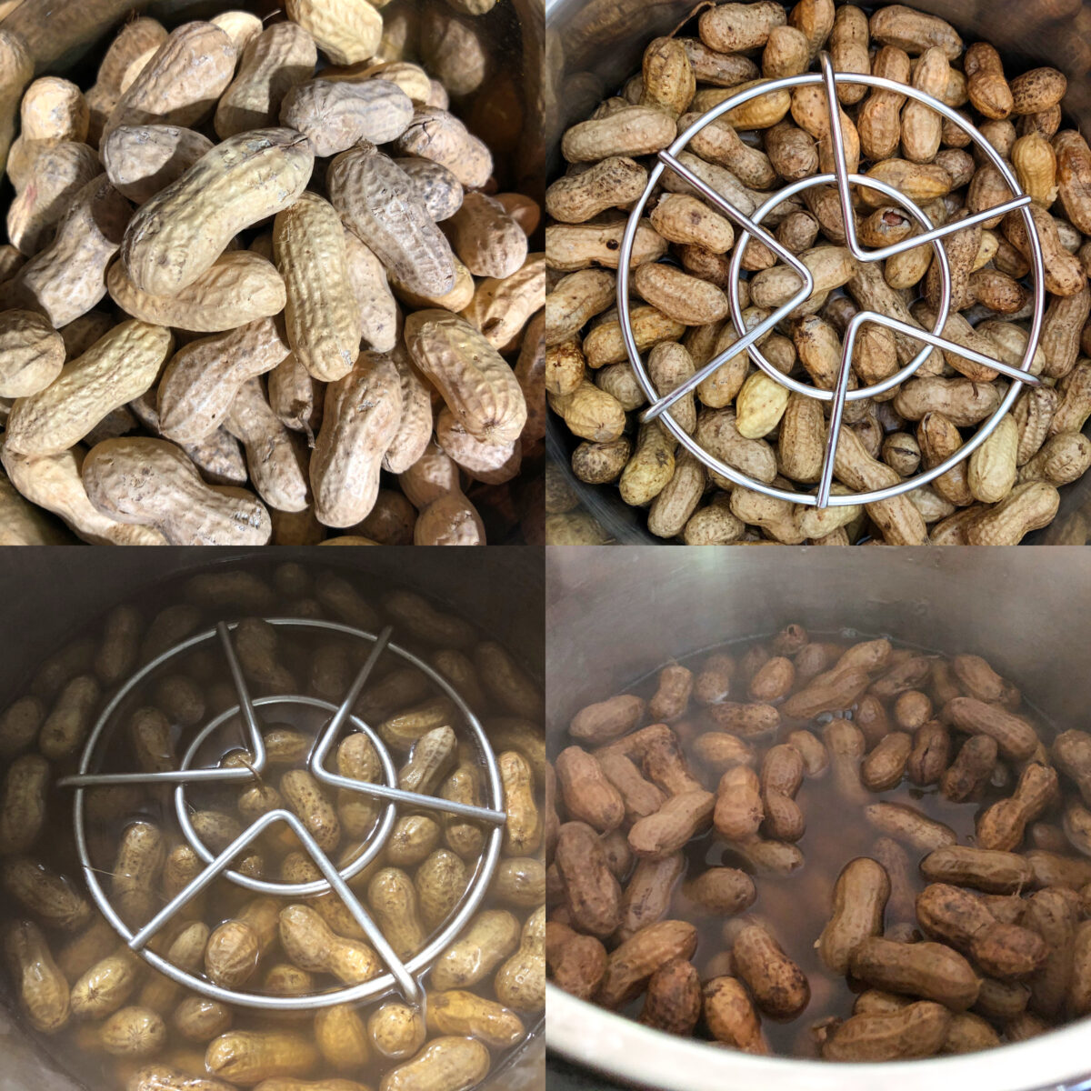 collage of 4 images to make boiled peanuts from raw peanuts in instant pot