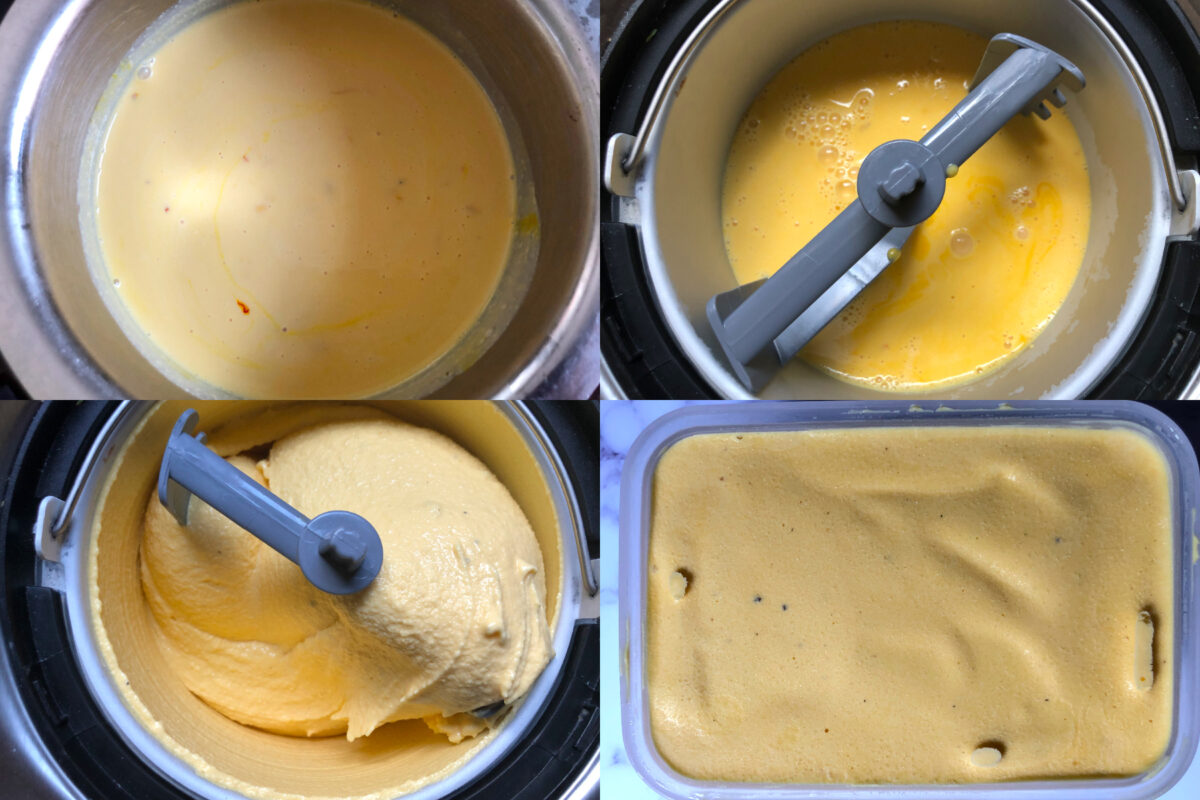 Mango kulfi being churned in ice cream maker collage of 4 images