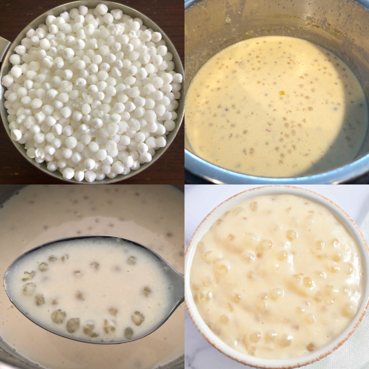 collage of 4 images to make tapioca pudding in instant pot.