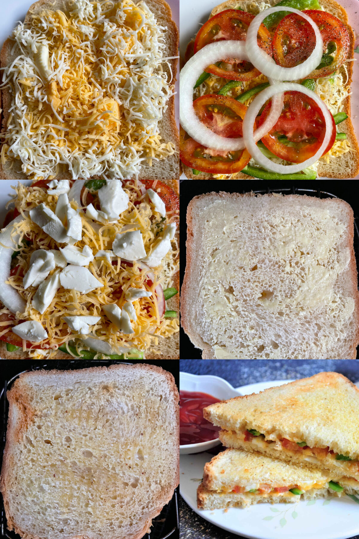 collage of 6 images to make grilled cheese sandwich in air fryer.
