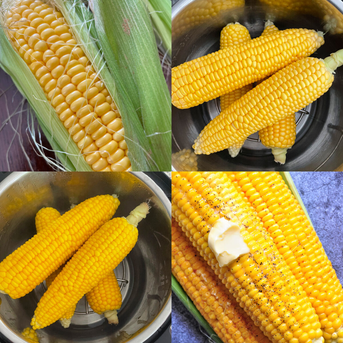collage of 4 images to cook corn on the cob in instant pot.