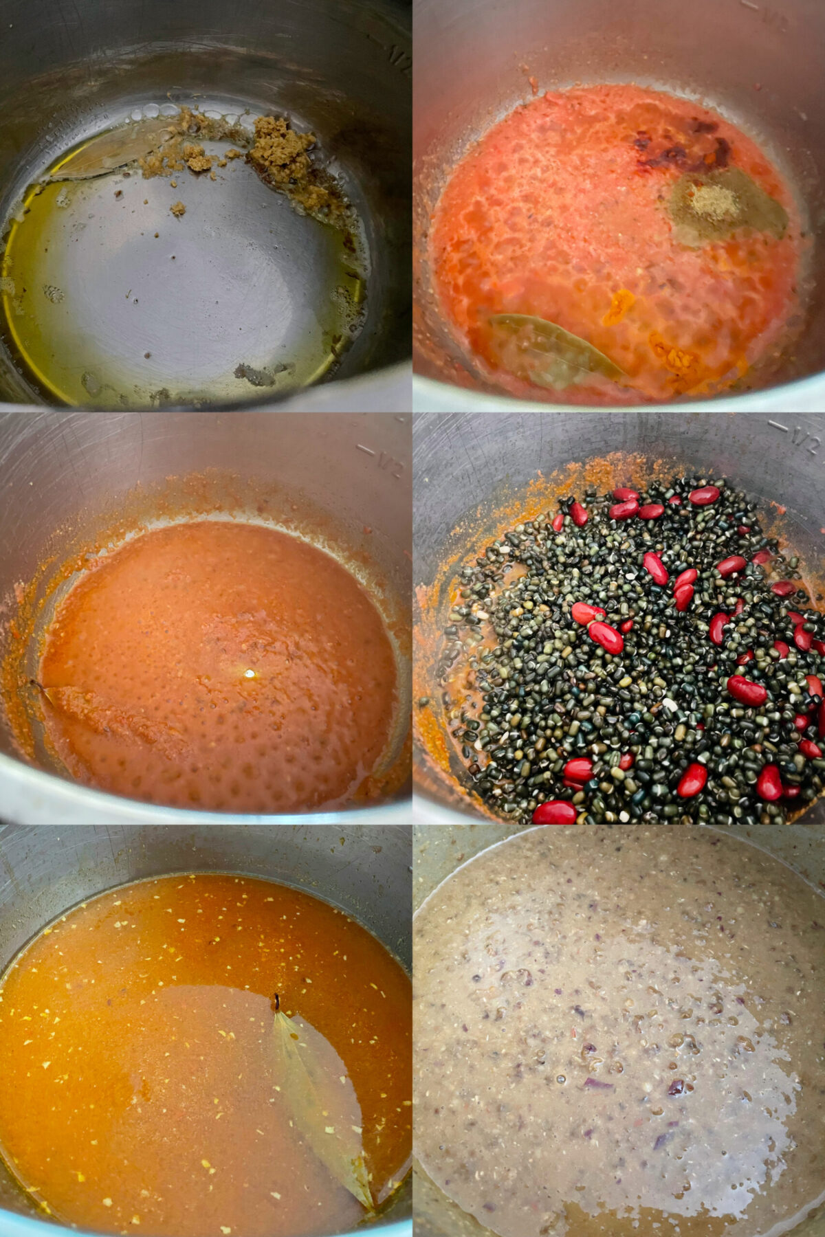 collage of 6 images of making dal makhani in instant pot including sauteing, adding tomatoes, spices, beans, and cooked one.