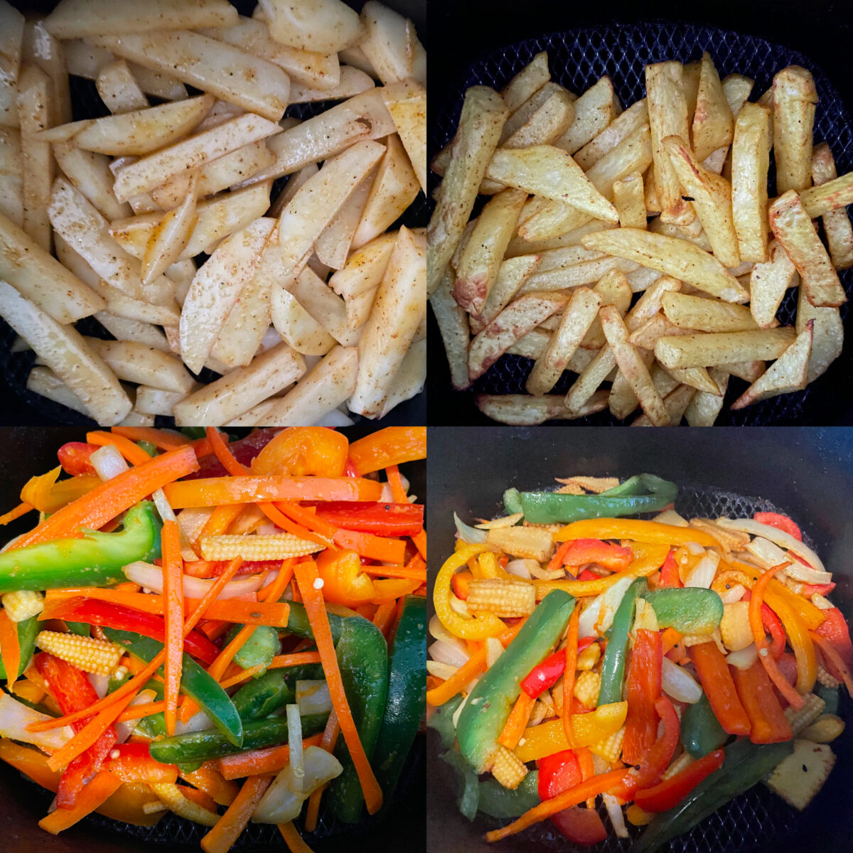 collage of 4 pics of roasted potatoes and veggies.