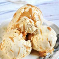 Salted Caramel ice-cream scoops in a plate.