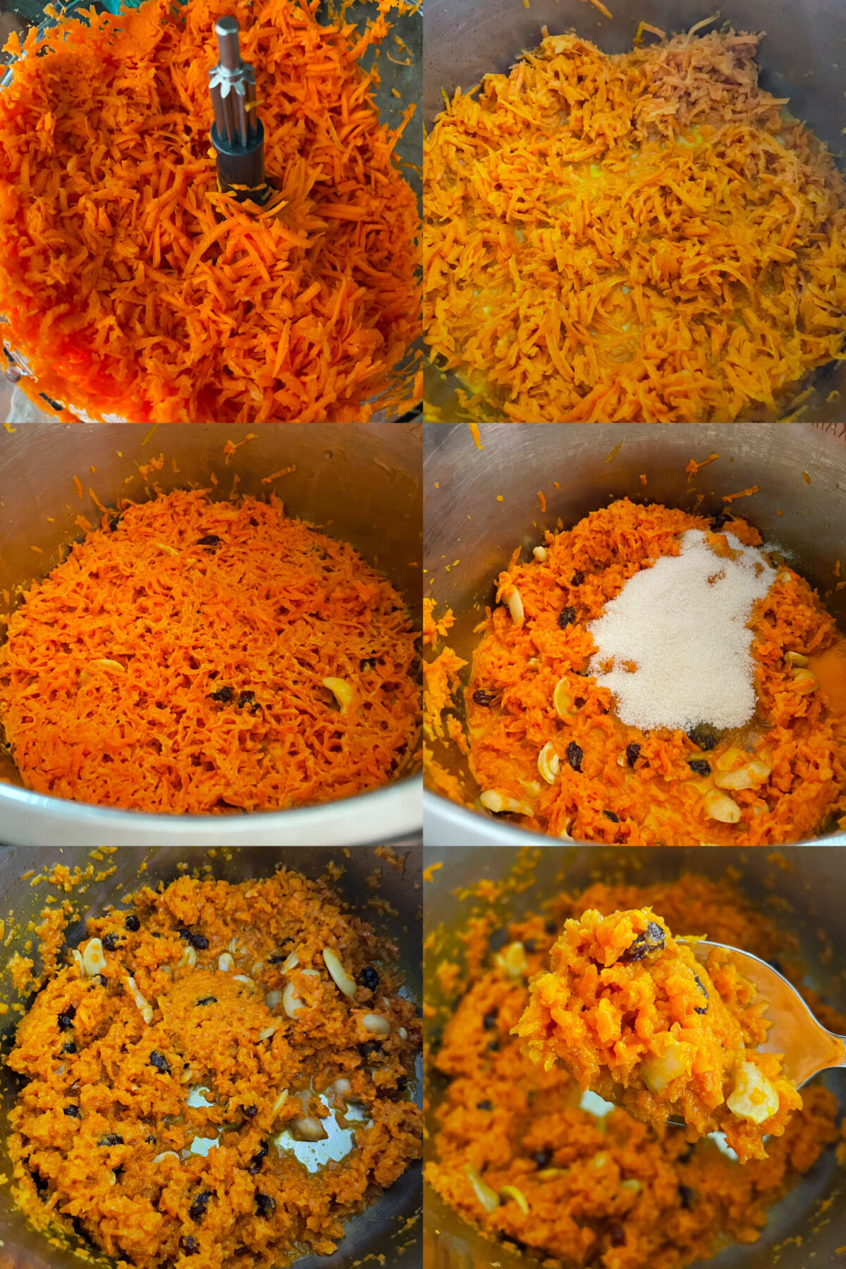 collage of 6 images to make carrot halwa in instant pot.