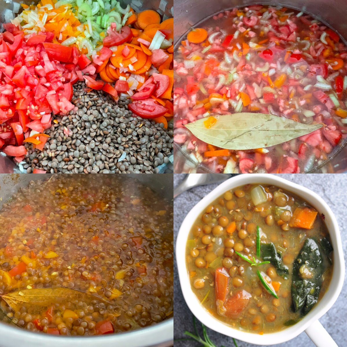 collage of 4 images to make instant pot lentil soup.