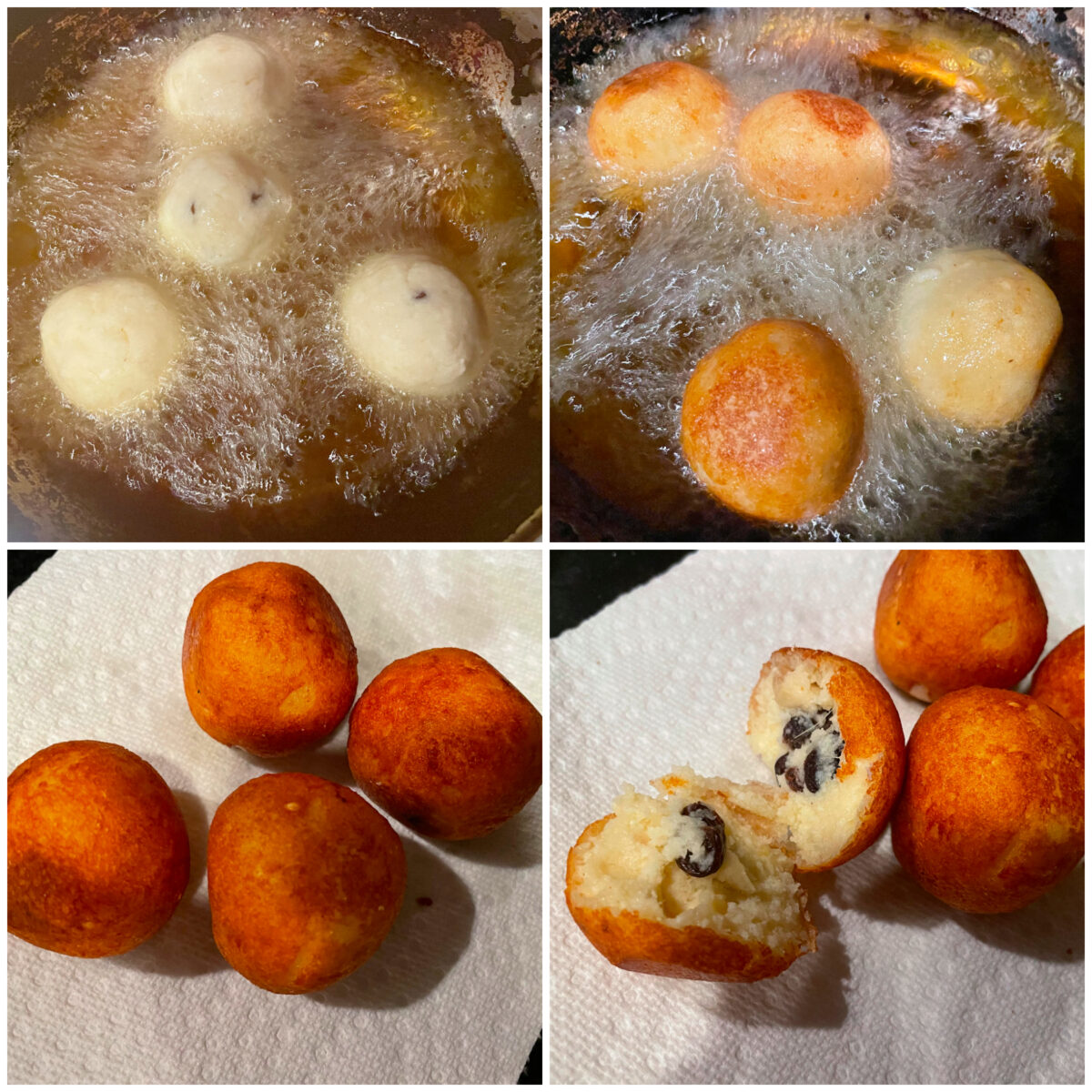 collage of 4 images of deep frying malai kofta balls.