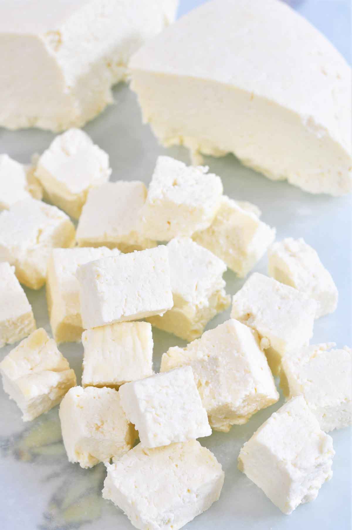 Home made paneer cut into cubes.
