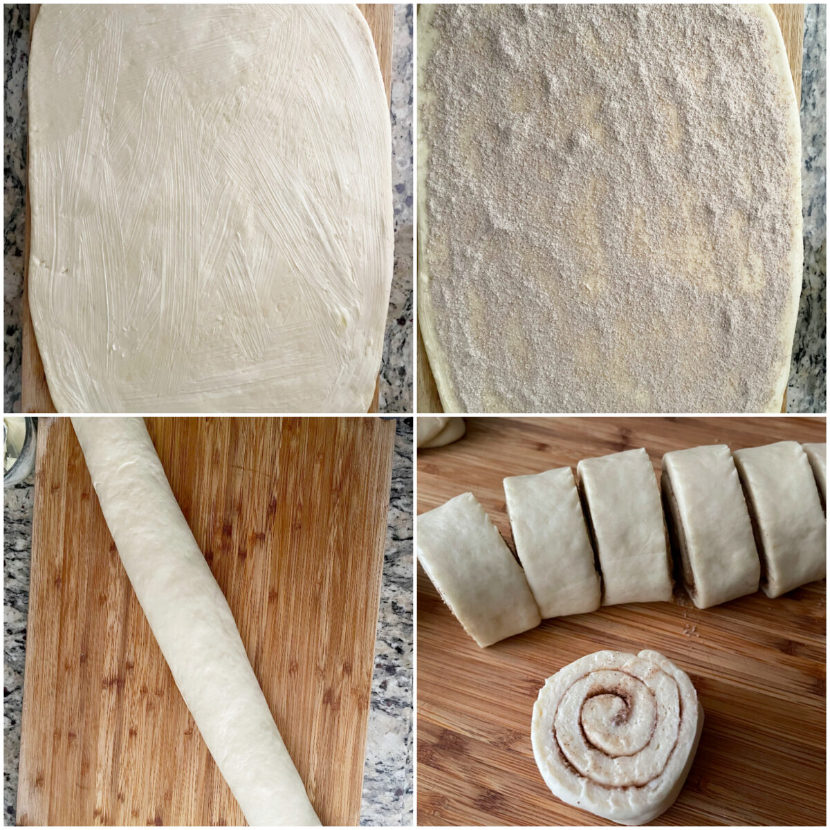 image of 4 pictures applying filling, rolling and cutting cinnamon rolls.