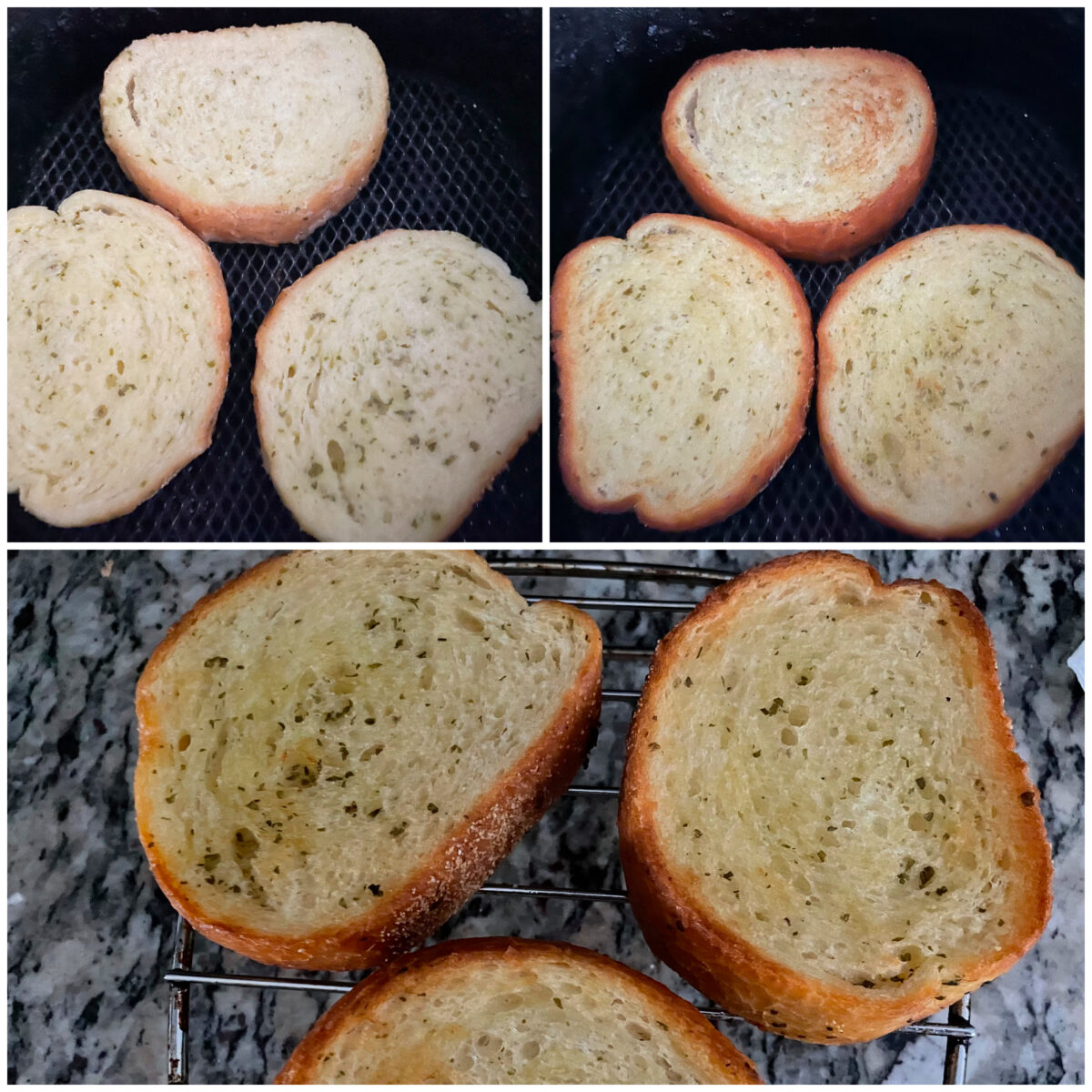 collage of 3 images of cooking 3 frozen garlic bread slices in air fryer.