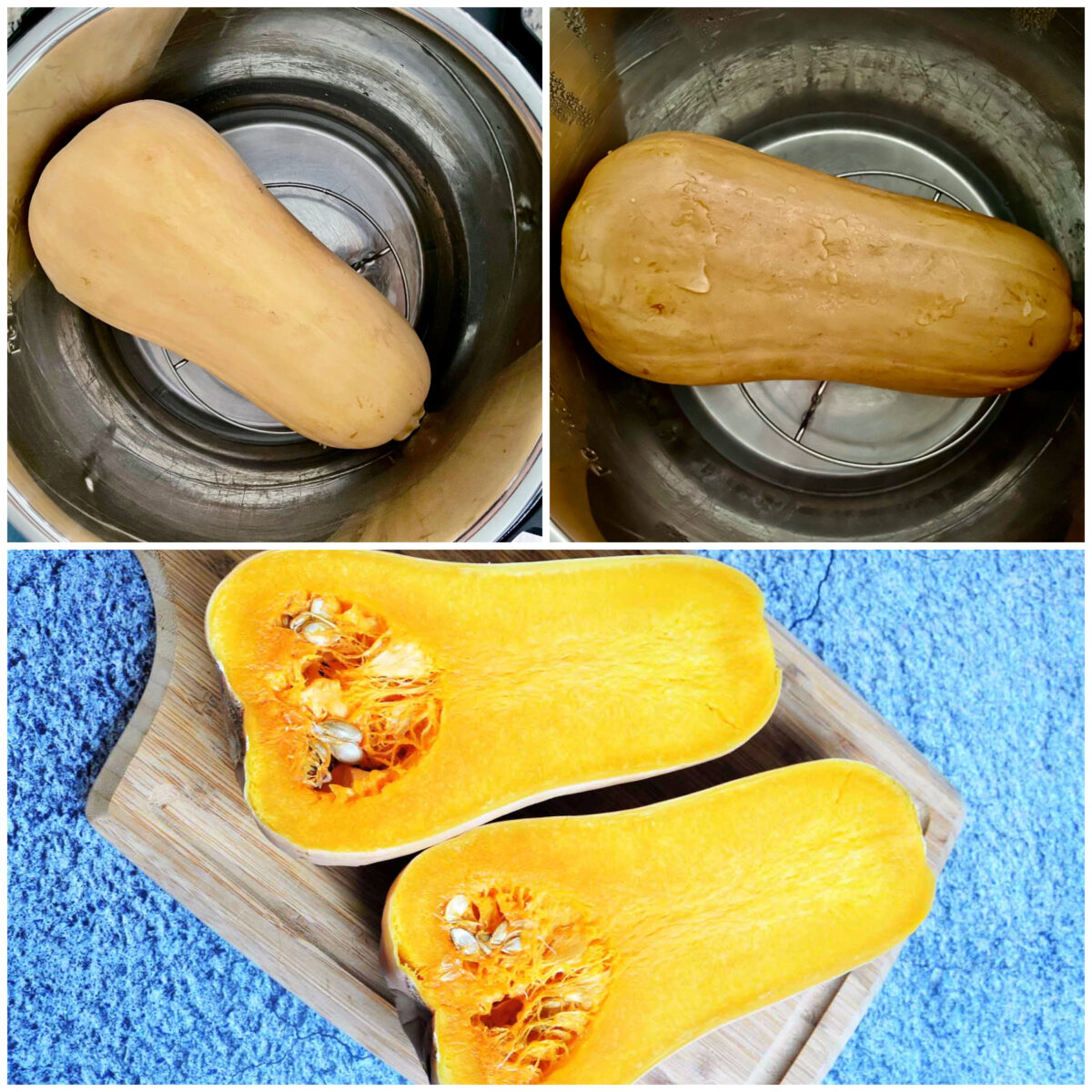 collage of cooking whole butternut squash in instant pot.
