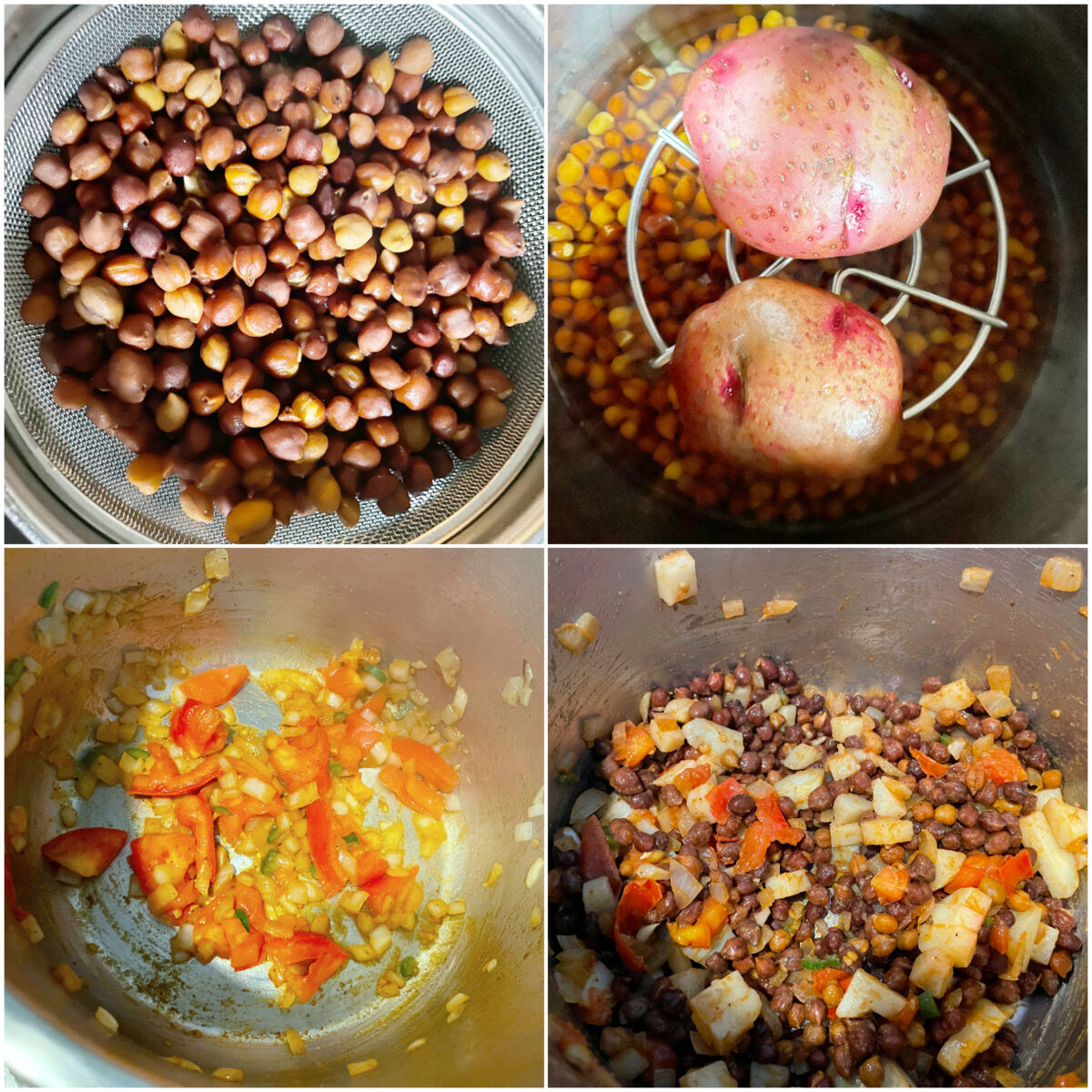 collage of 4 images of making kala chana chaat including soaked chana, pressure cooking chana and potatoes, sauteing and making chaat.