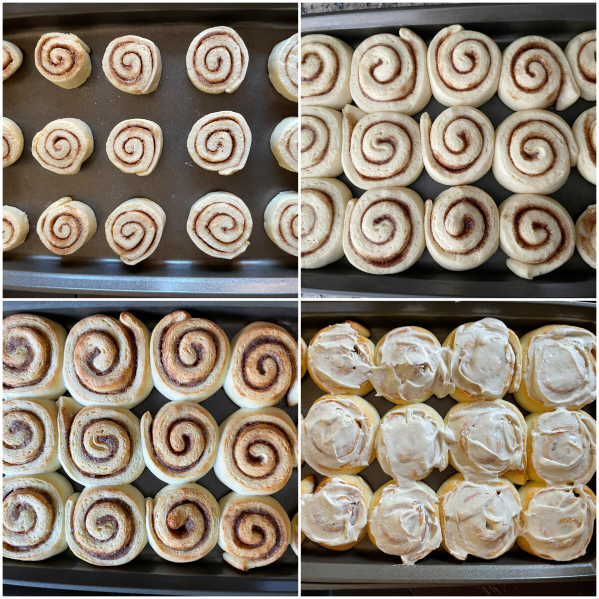 collage of 4 images making cinnamon rolls and icing them