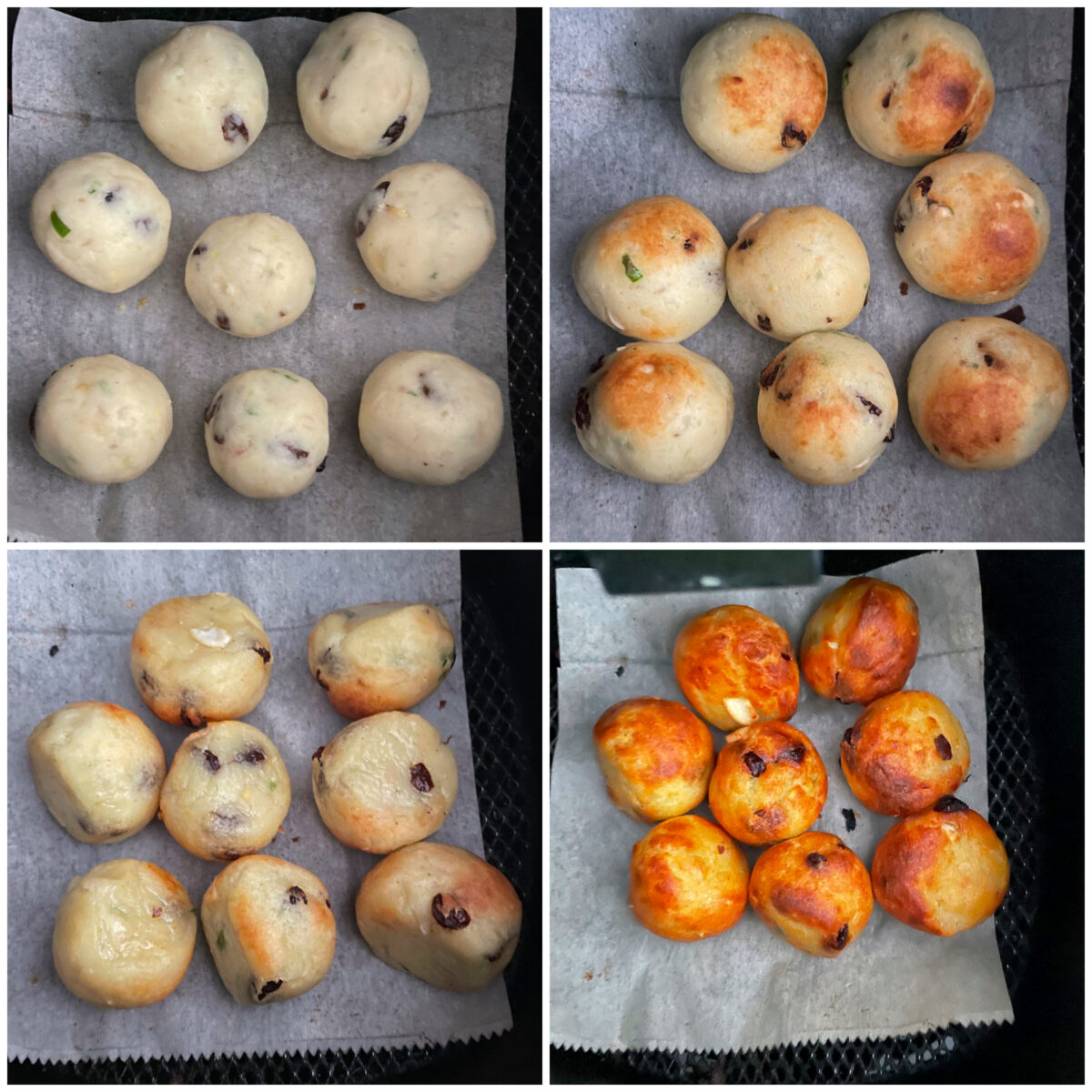collage of 4 images of air frying malai kofta balls.