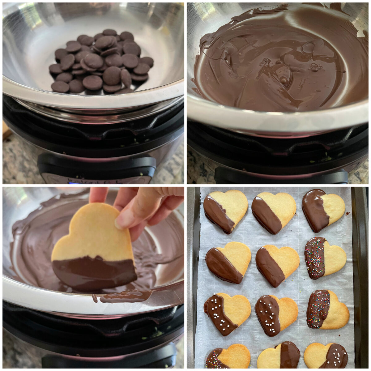 collage of 4 images of coating cookies with chocolate.