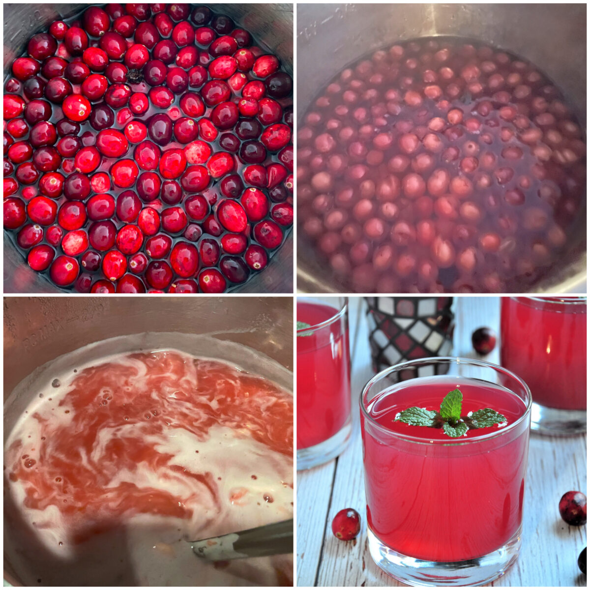 collage of 4 images to make cranberry juice in instant pot.
