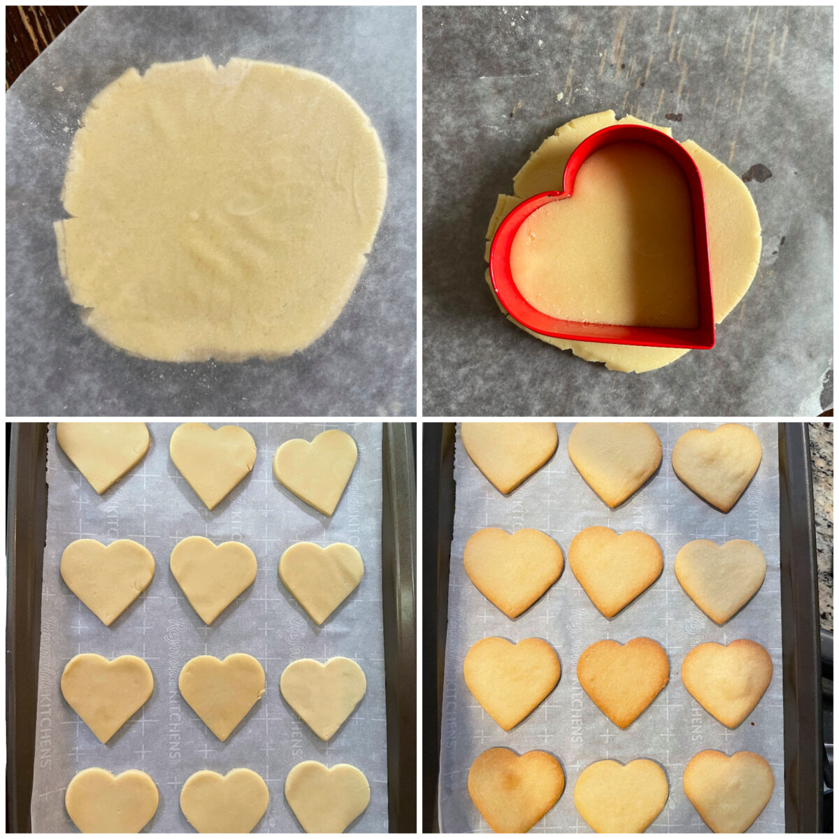 collage of 4 images of cutting cookies into heart shape and baking.