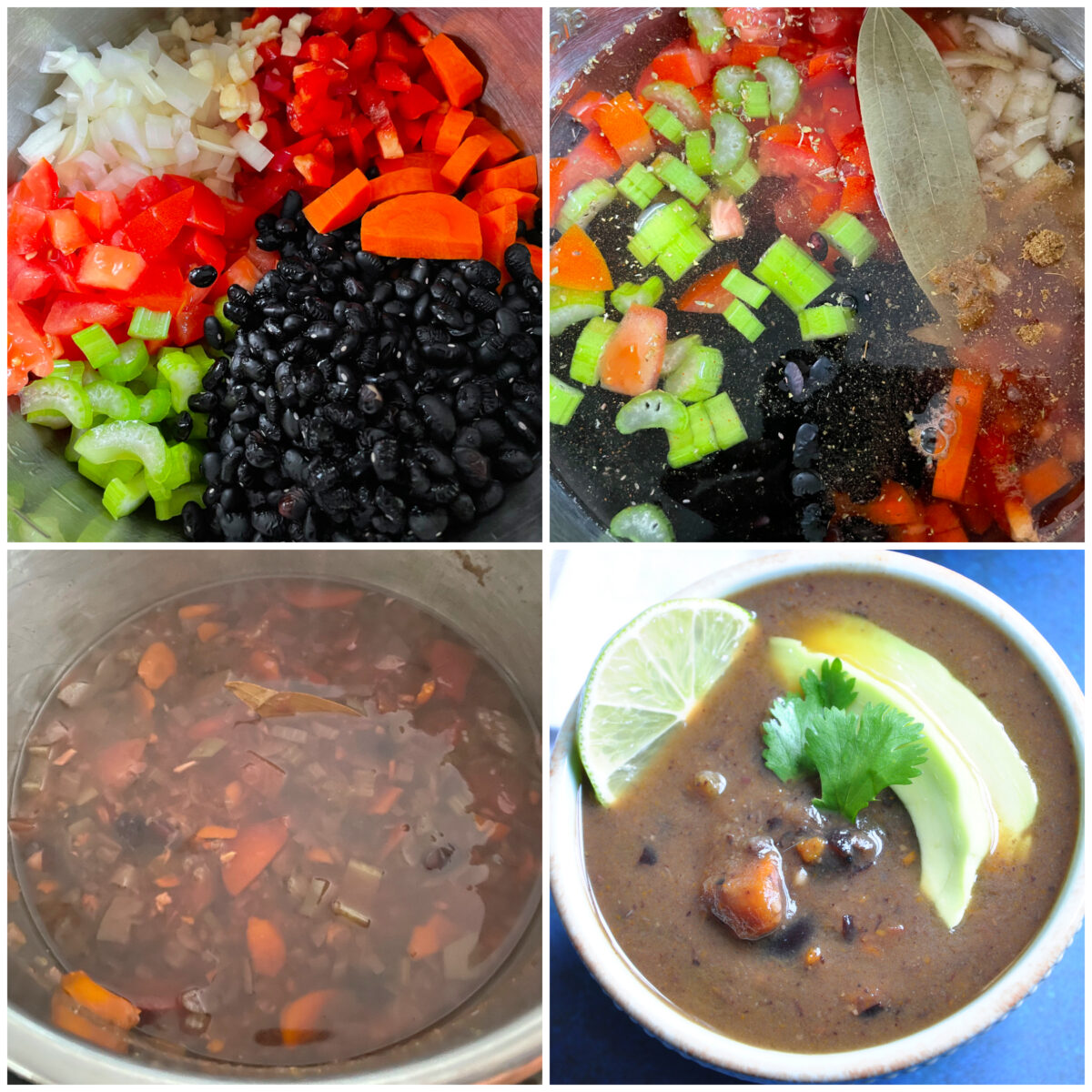 collage of 4 images making instant pot black beans soup step by step.