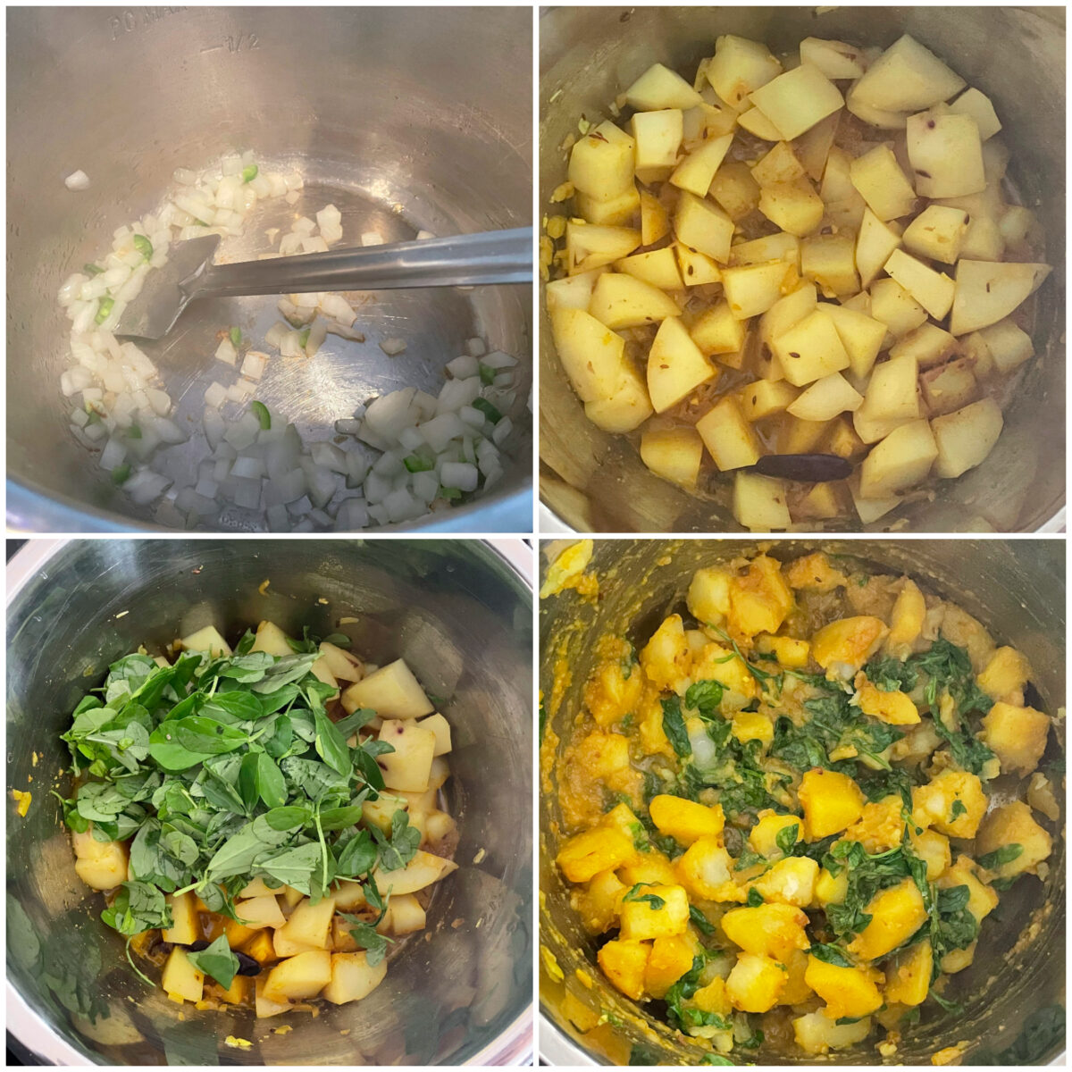 collage of 4 images to make aloo methi in the instant pot.