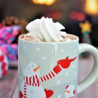 Hot cocoa in a cup topped with whipped cream.