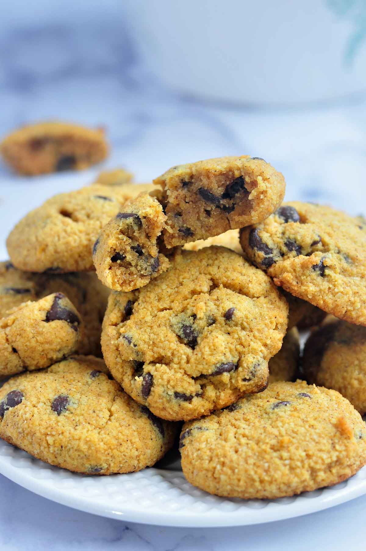 Pumpkin chocolate chip cookies in a plate.
