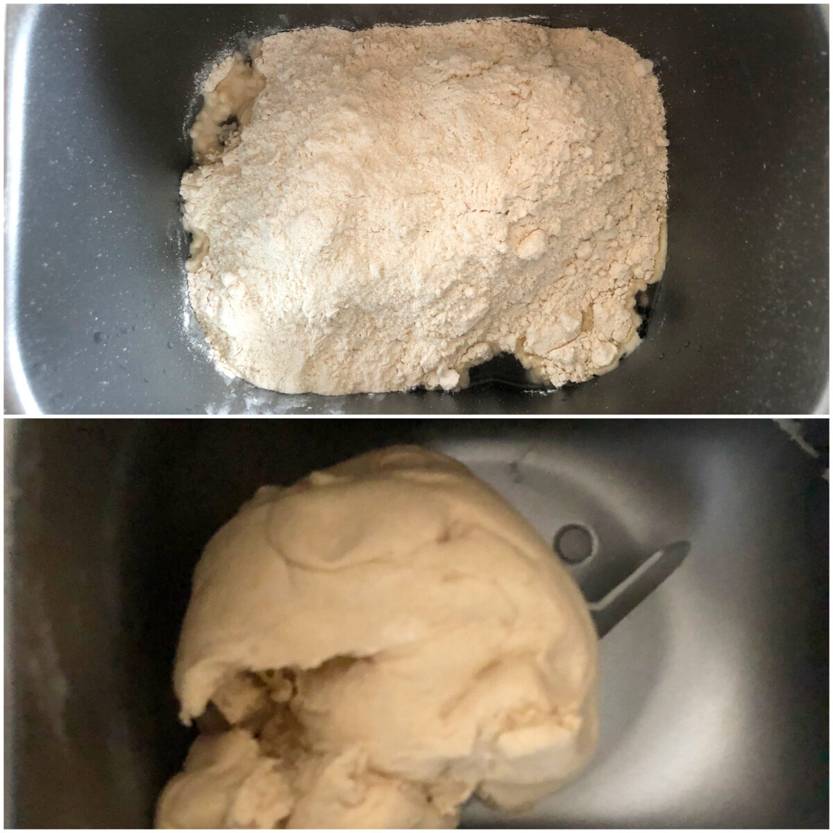 collage of 2 images to make roti dough in bread machine.