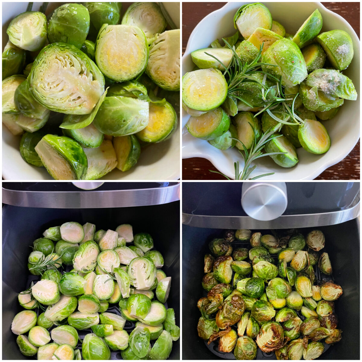 collage of 4 images of roasting brussel sprouts in air fryer.