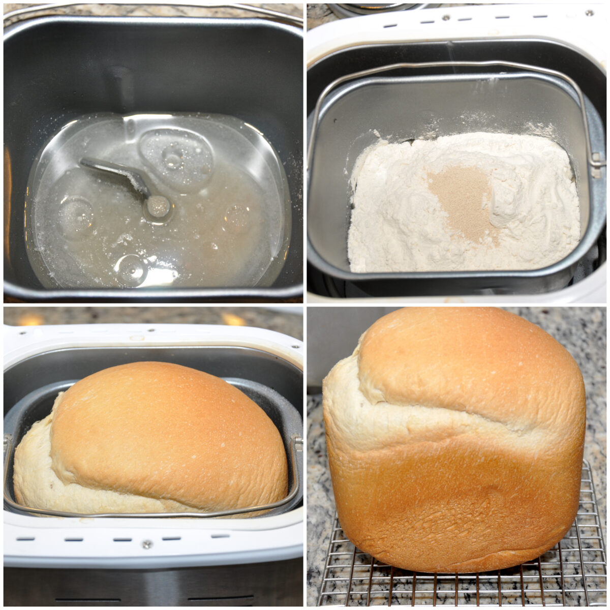 collage of 4 images to make white bread in bread machine.