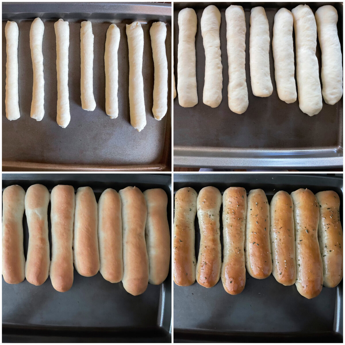 collage of 4 images of breadsticks proofing and baking.