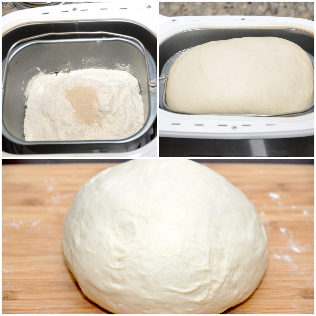 collage of 3 images to make dough in bread machine.