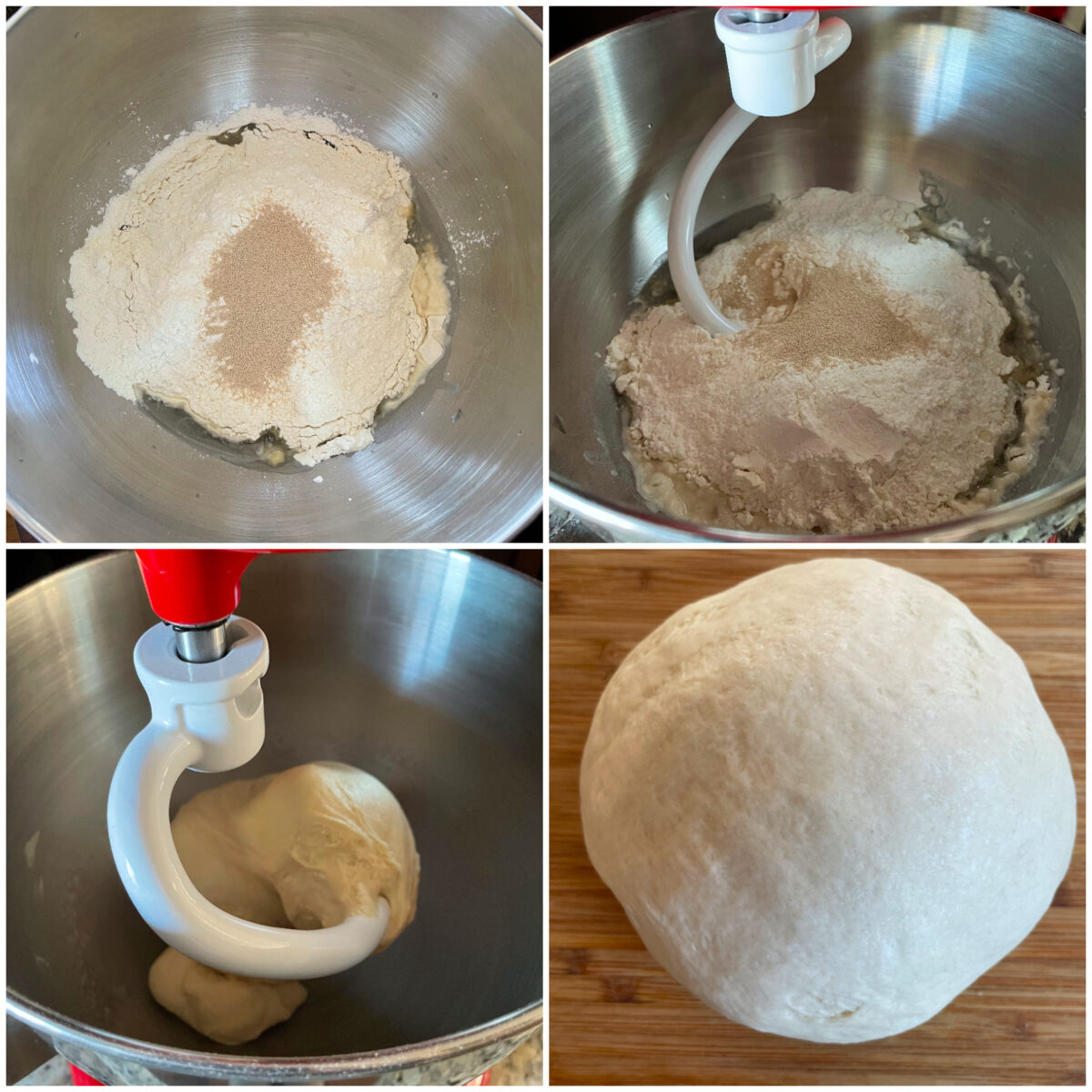 collage of 4 images to make dough in stand mixer.