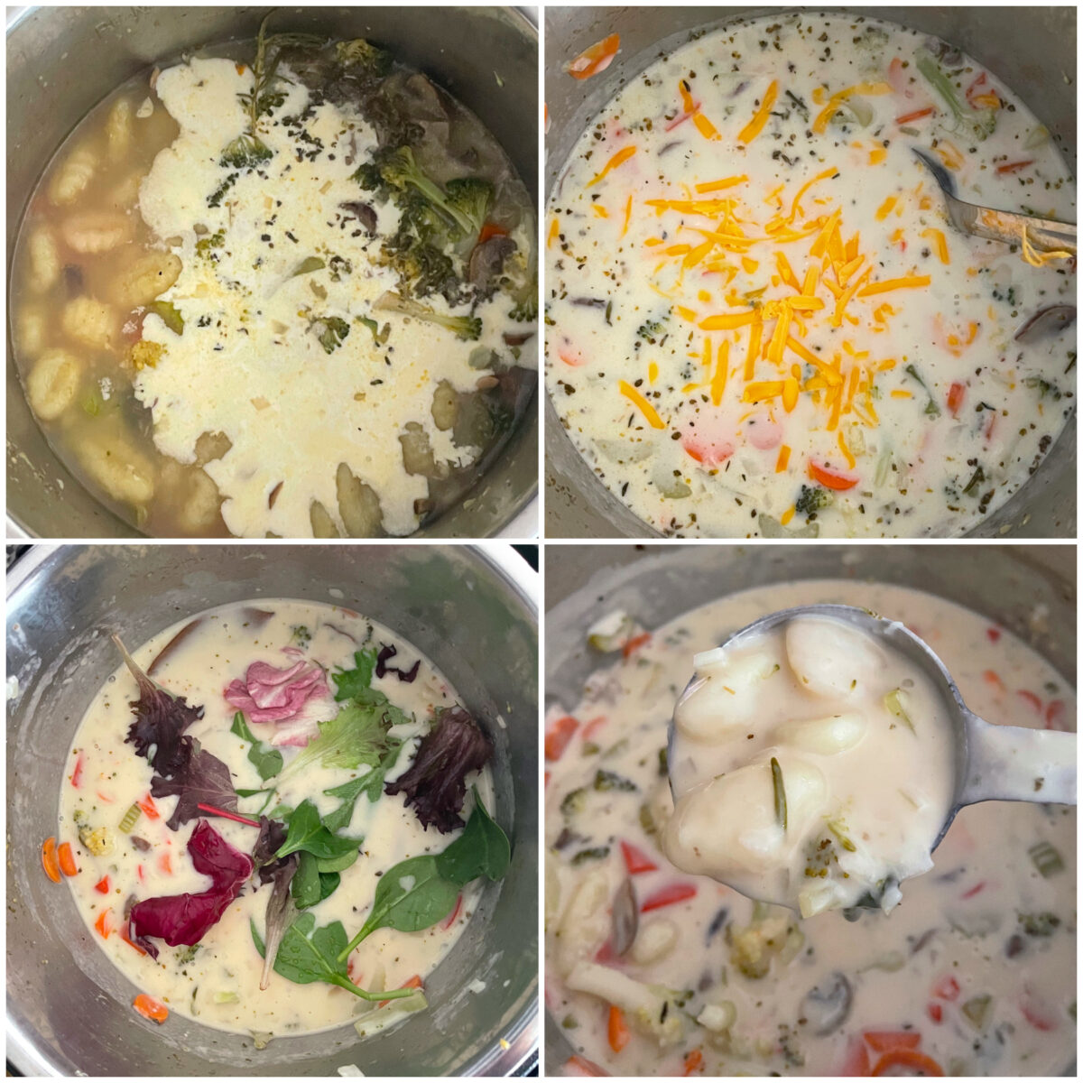 collage of 4 images adding heavy cream, cheese, and spinach to the soup.
