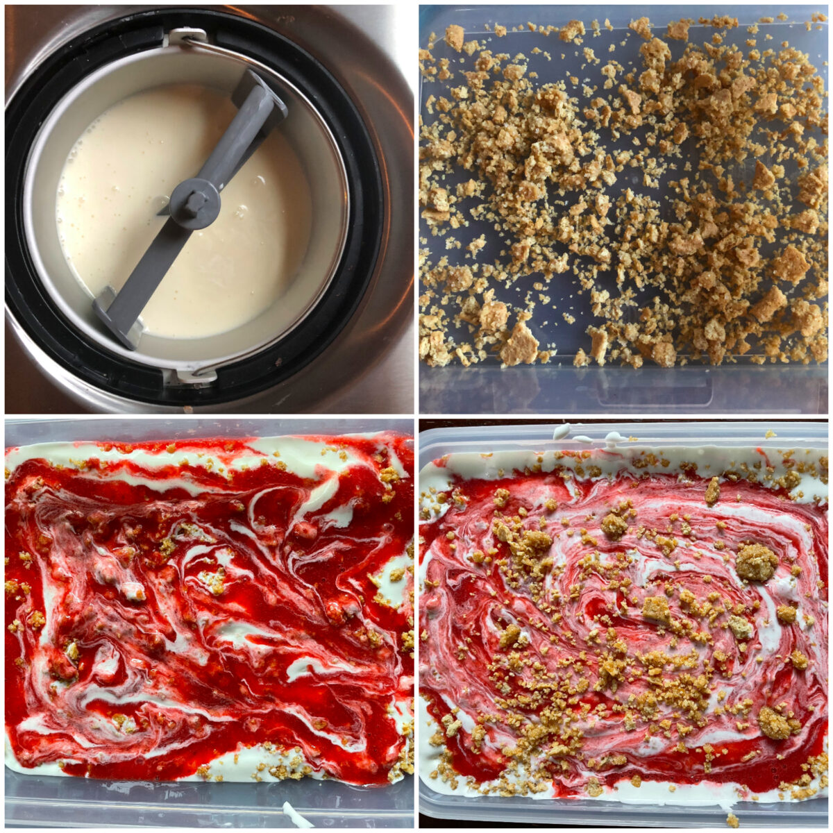 collage of 4 images of churning cream cheese base and layering the icecream with puree and crumbles.