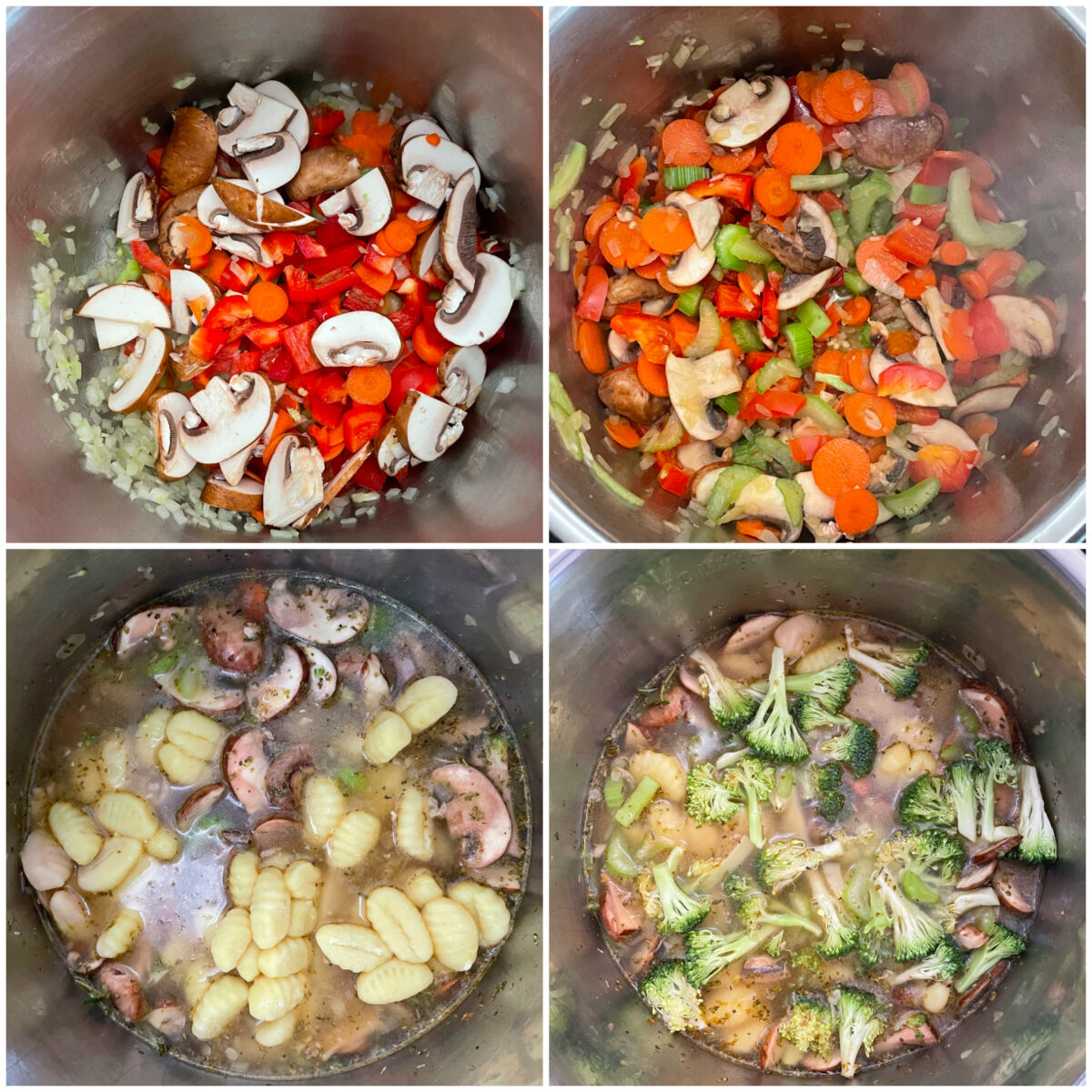 collage of 4 images to saute veggies and add gnocchi to the instant pot.